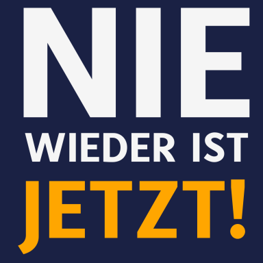 es steht in großen buchstaben "nie wieder ist jetzt!" auf dem bild. es ist ein symbol gegen menschenfeindliche ideologien.