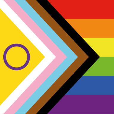 die progressive pride flag mit einem zusätzlichen pfeilmuster in weiß, rosa, hellblau, braun und schwarz für mehr inklusion und vielfalt.
