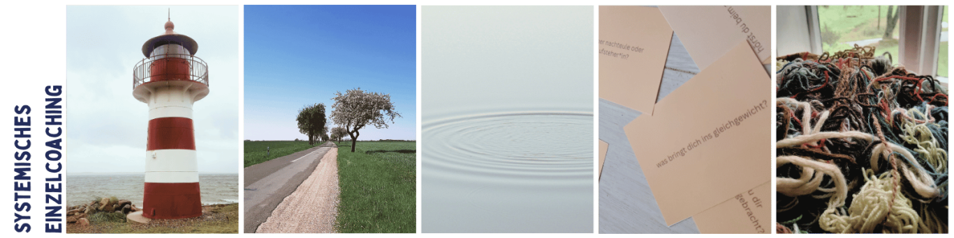 5 bilder zum thema systemisches einzelcoaching: leuchtturm, baumallee, konzentrische kreise auf dem wasser, coachingkarten, verknotete seile