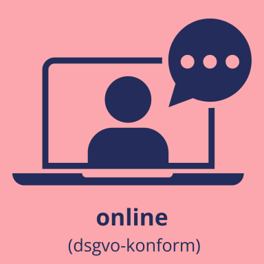 symbolbild für online-coaching (dsgvo-konform): laptop mit einer person auf dem bildschirm, in der rechten ecke ist eine sprechblase